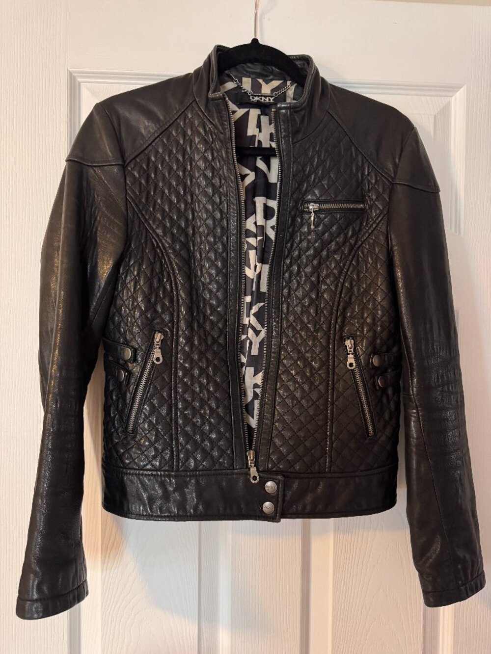 DKNY Genuine Leather Quilted Moto Jacket Black Small